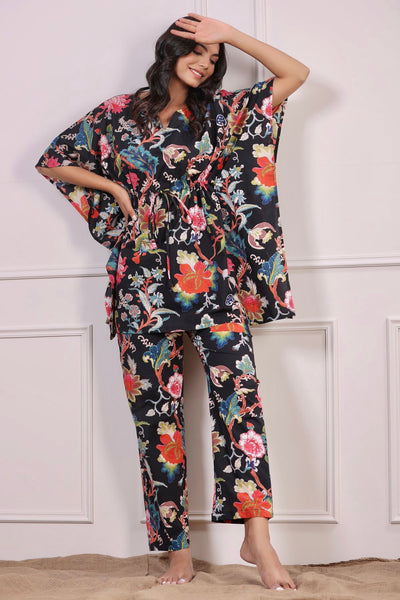 Multicoloured Jaal on Black Kaftan Pyjama Set