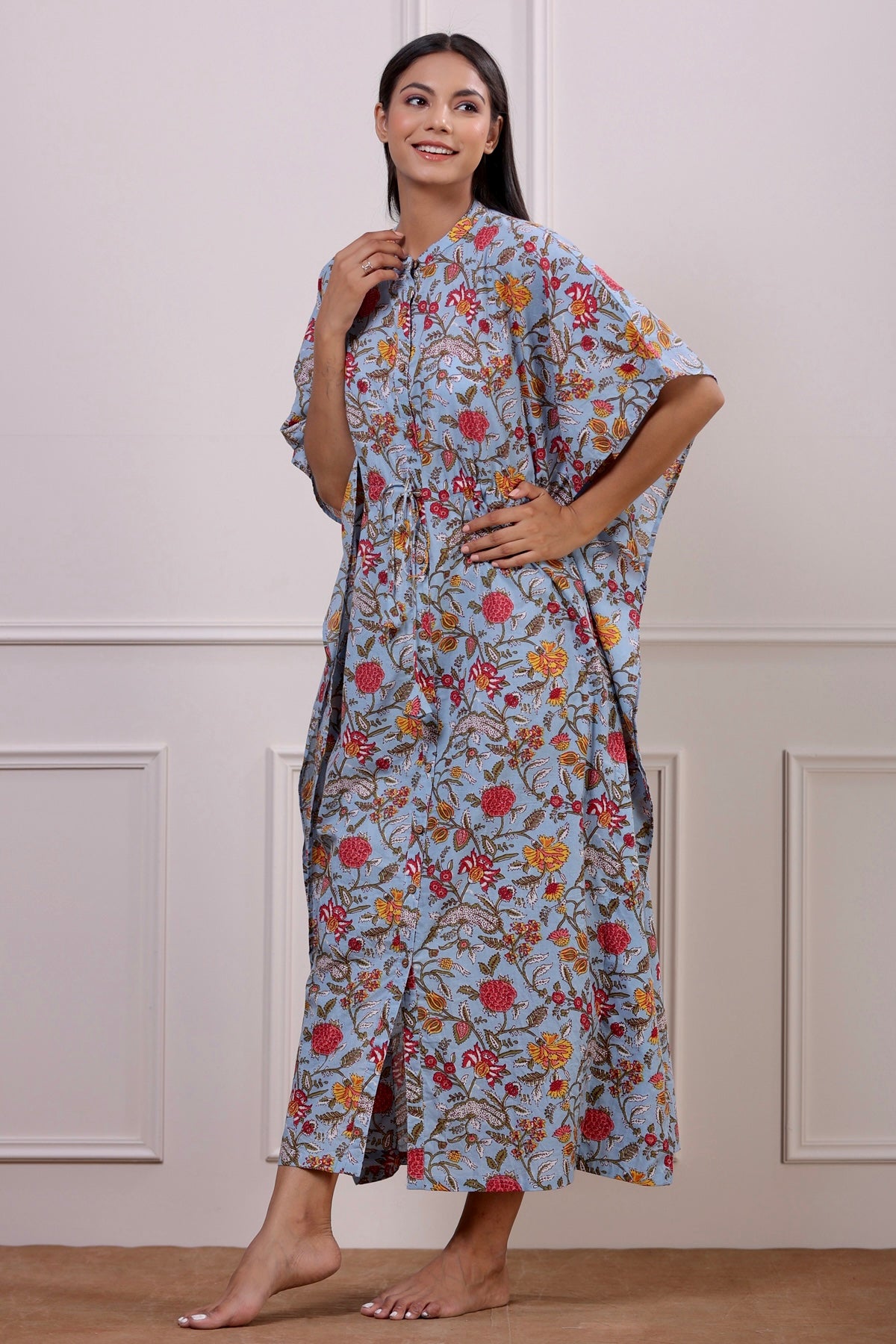 Floral Jaal on Sky Blue Front Buttoned Kaftan