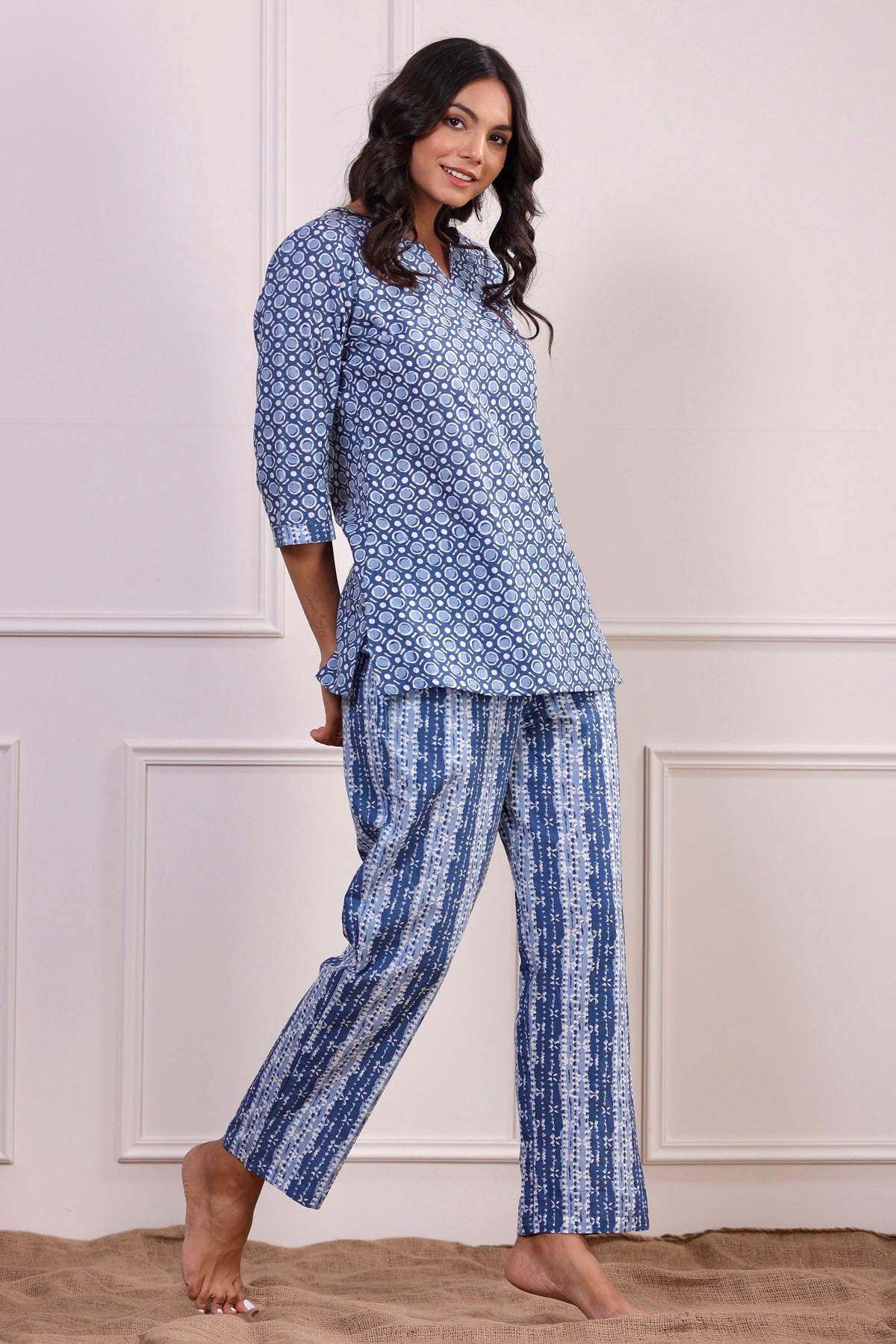 Geometric Patterns on Sky Blue Loungewear Top Set