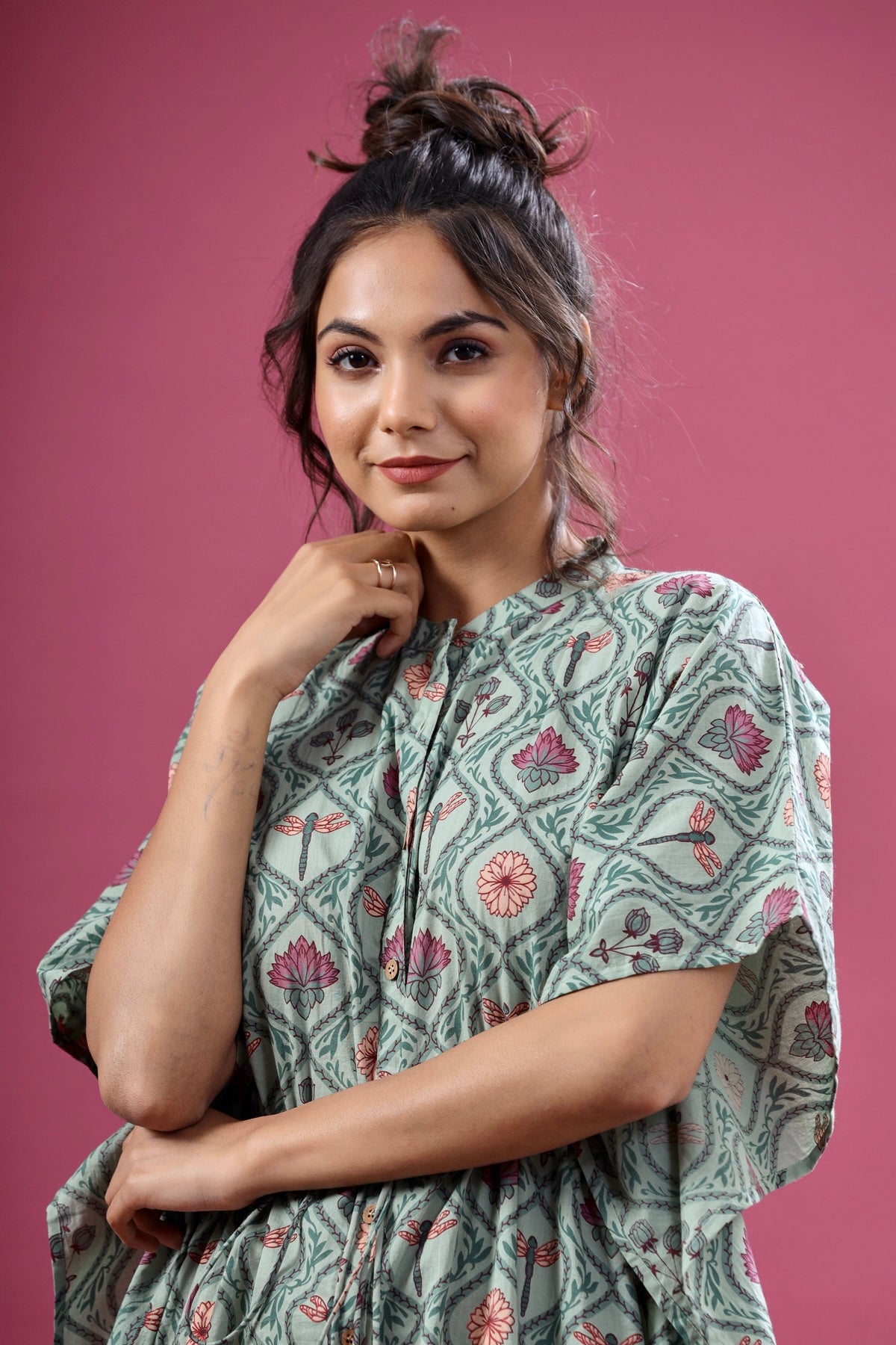 Butterflies on Light Green Front Buttoned Kaftan