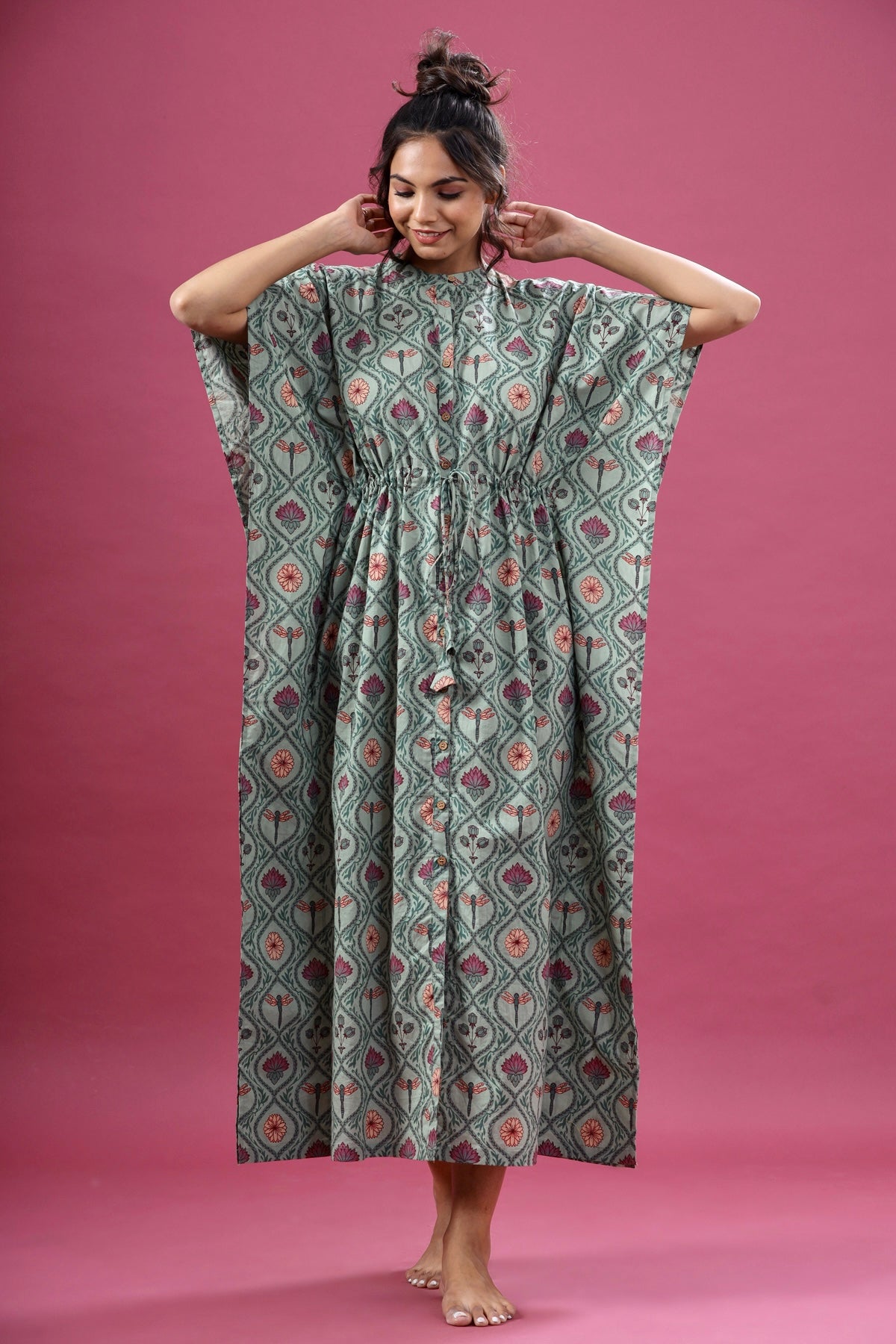 Butterflies on Light Green Front Buttoned Kaftan