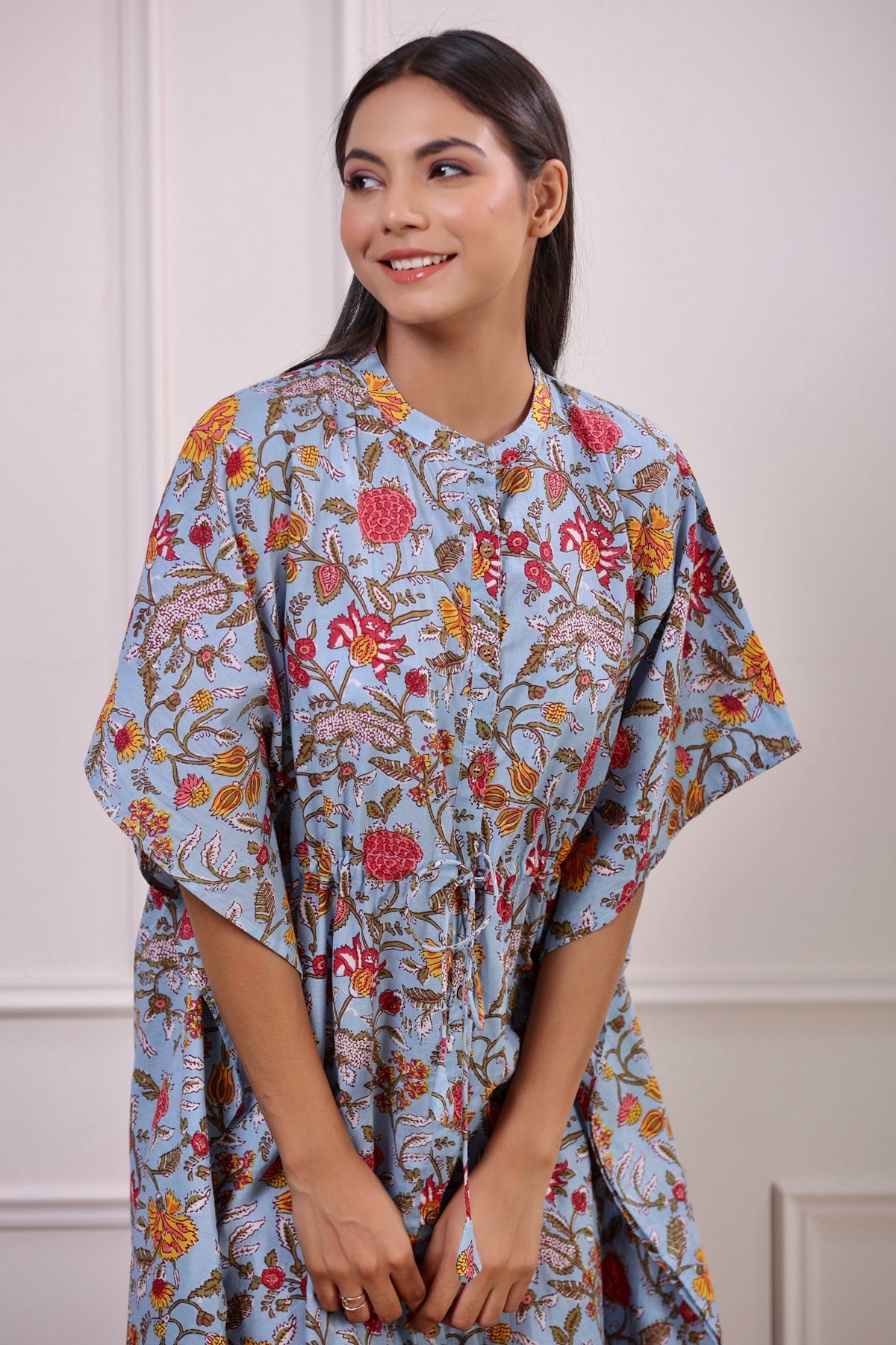 Floral Jaal on Sky Blue Front Buttoned Kaftan