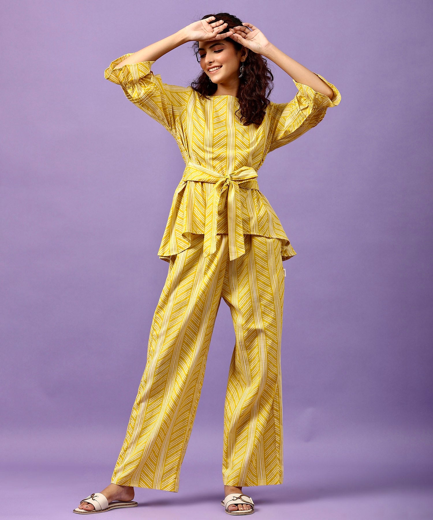 Patterned Shibori on Cotton Yellow Front Tie Co-ord Set