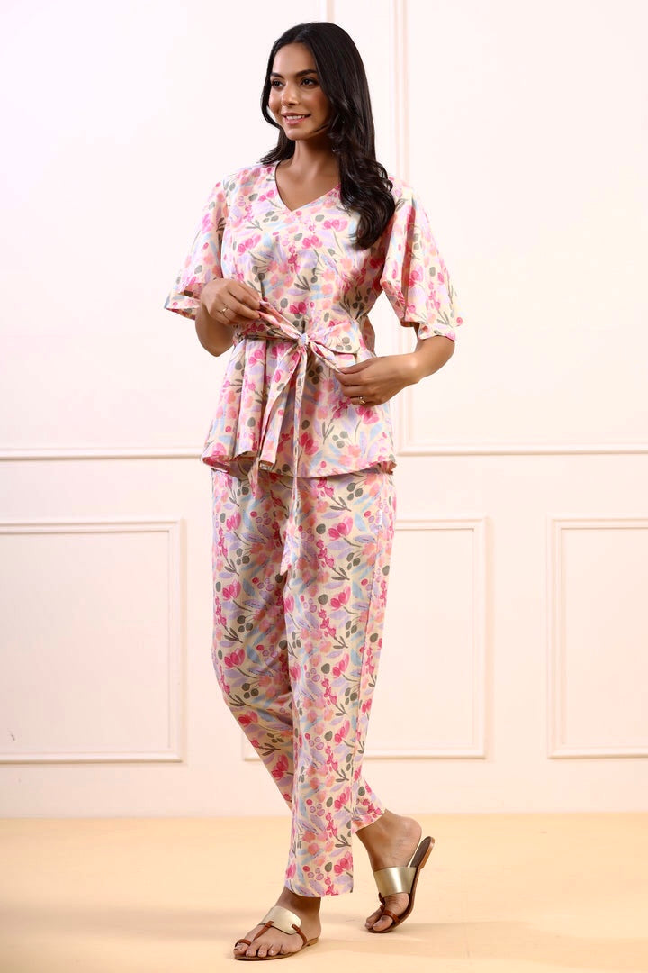 Cherry Blossom on Off white Loungewear Top Set