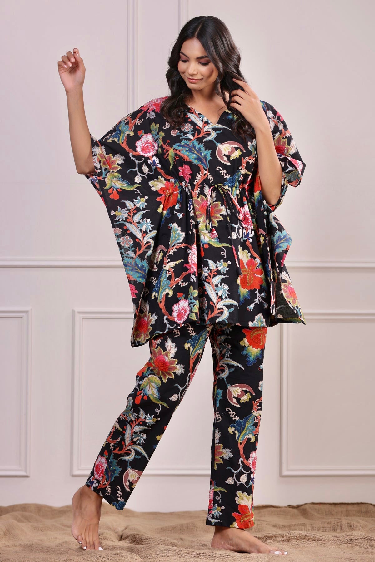 Multicoloured Jaal on Black Kaftan Pyjama Set