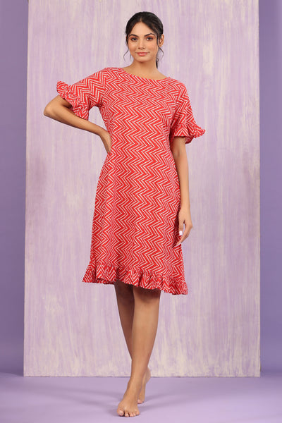 Patterned Bhandej on Red Cotton T-shirt Dress